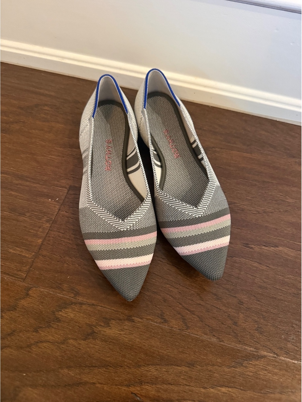 NWOT Rothy's The Point Gray Pink Stripe Flats Women's Size 8.5